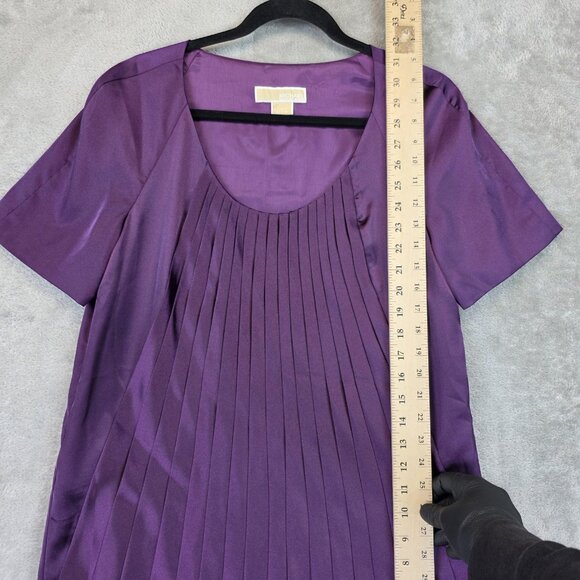 Michael Kors Shirt Womens Size 10 Purple Pleated Short Sleeve Tunic Dressy Top - Picture 7 of 13